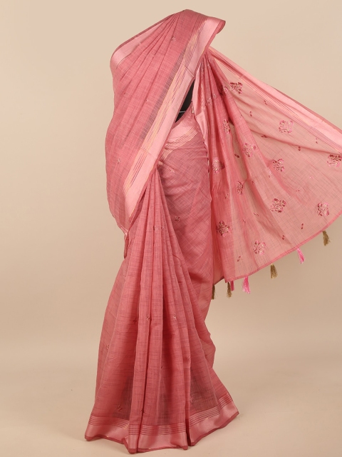 

Pothys Pink & Brown Floral Embroidered Zari Saree