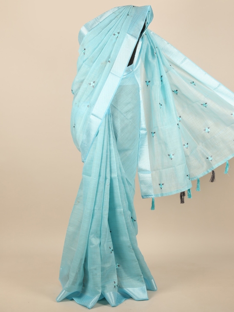 

Pothys Turquoise Blue & Silver-Toned Floral Embroidered Zari Saree