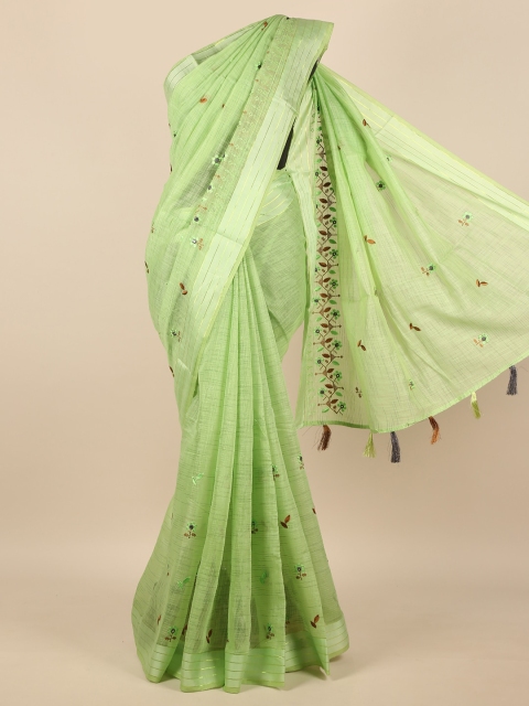 

Pothys Green & Silver-Toned Floral Embroidered Saree