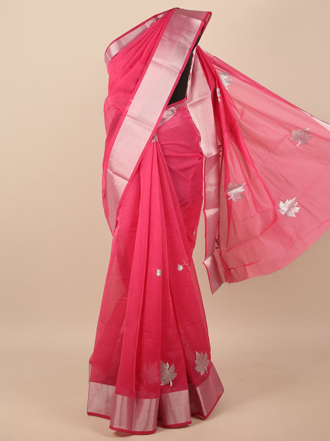 

Pothys Pink & Silver-Toned Floral Embroidered Zari Saree