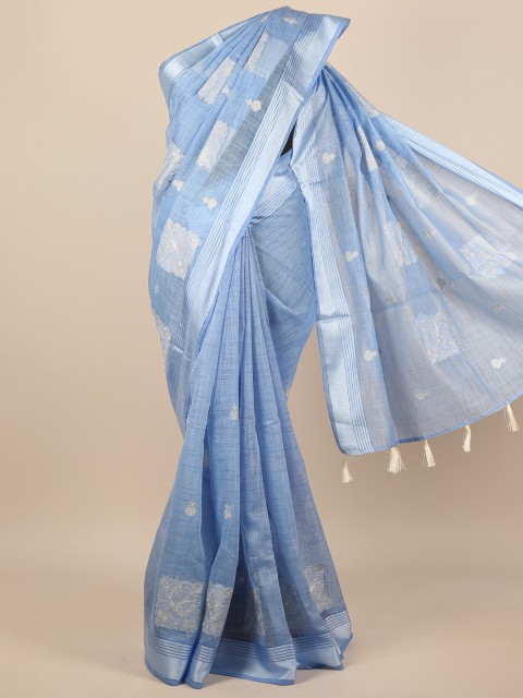 

Pothys Blue & Silver-Toned Floral Embroidered Zari Saree