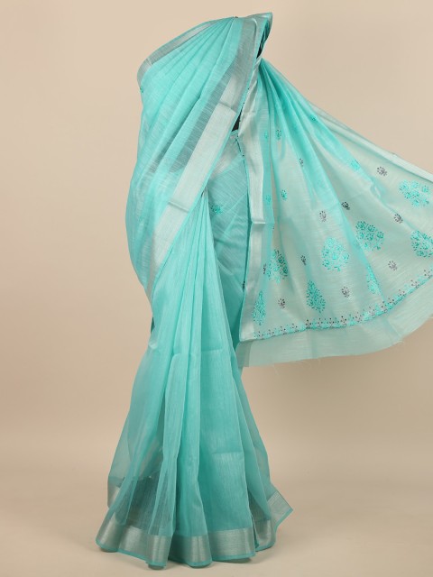 

Pothys Turquoise Blue & Silver-Toned Floral Embroidered Zari Saree