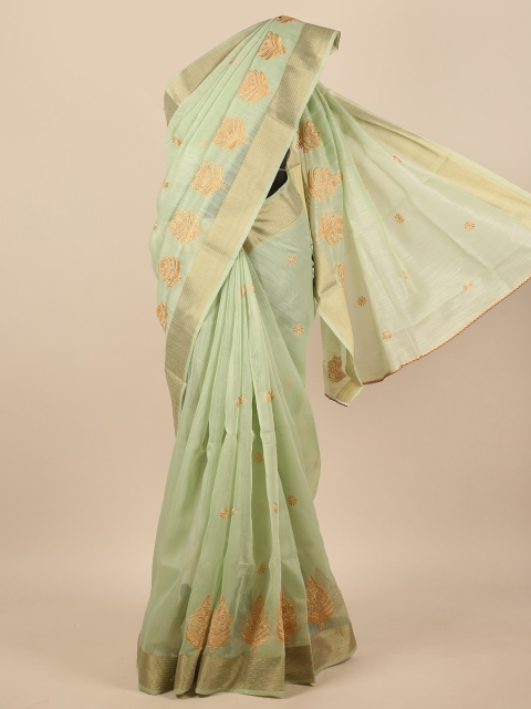 

Pothys Green & Gold-Toned Ethnic Motifs Embroidered Zari Saree