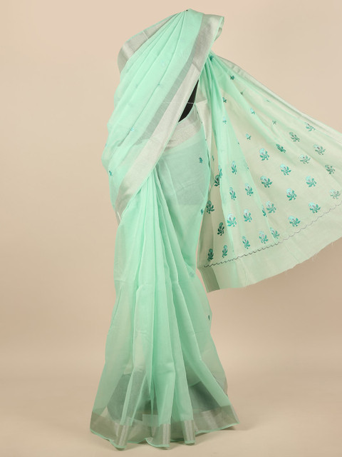 

Pothys Sea Green & Silver-Toned Floral Embroidered Zari Saree