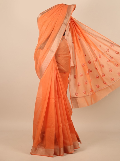 

Pothys Orange & Silver-Toned Floral Embroidered Zari Saree