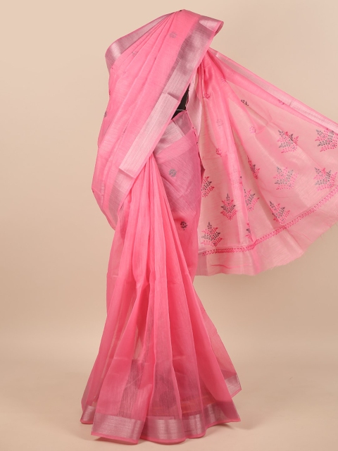 

Pothys Pink & Silver-Toned Floral Embroidered Zari Saree