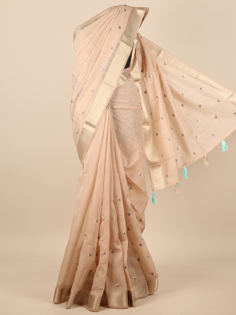 

Pothys Beige & Gold-Toned Floral Embroidered Zari Saree