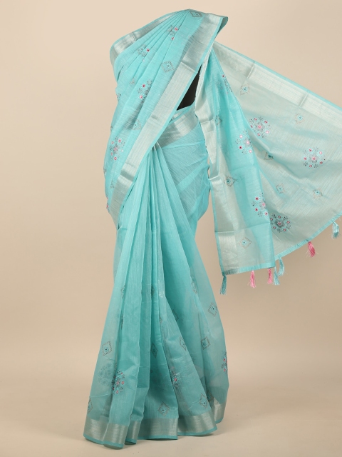 

Pothys Turquoise Blue & Silver-Toned Floral Embroidered Zari Saree