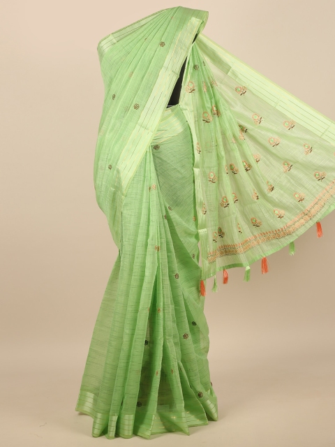 

Pothys Green & Silver-Toned Floral Embroidered Saree