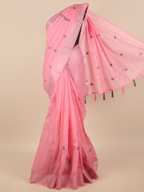 

Pothys Pink & Silver-Toned Floral Embroidered Zari Saree