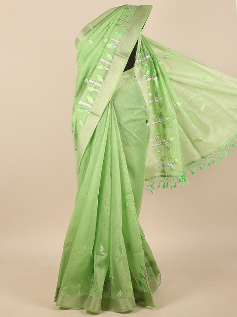 

Pothys Green & Silver-Toned Floral Embroidered Zari Saree
