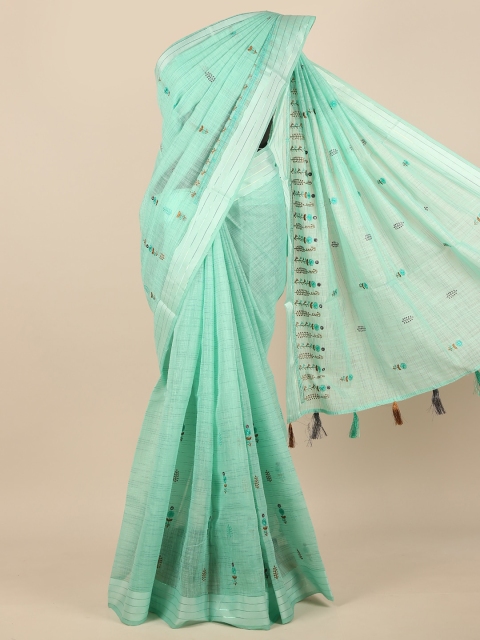 

Pothys Sea Green & Silver-Toned Floral Embroidered Zari Saree