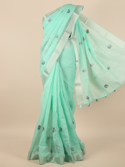 

Pothys Sea Green & Silver-Toned Floral Embroidered Zari Saree