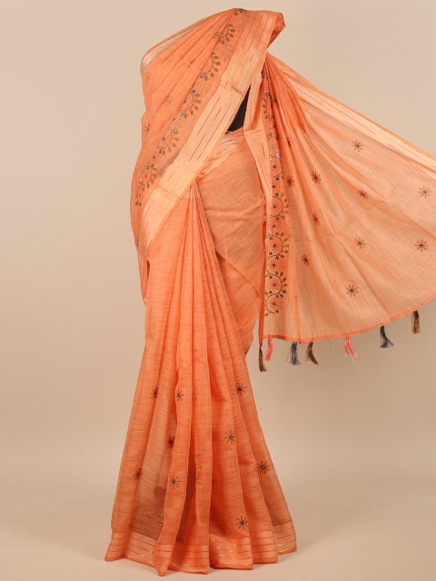 

Pothys Orange & Gold-Toned Ethnic Motifs Mirror Work Saree