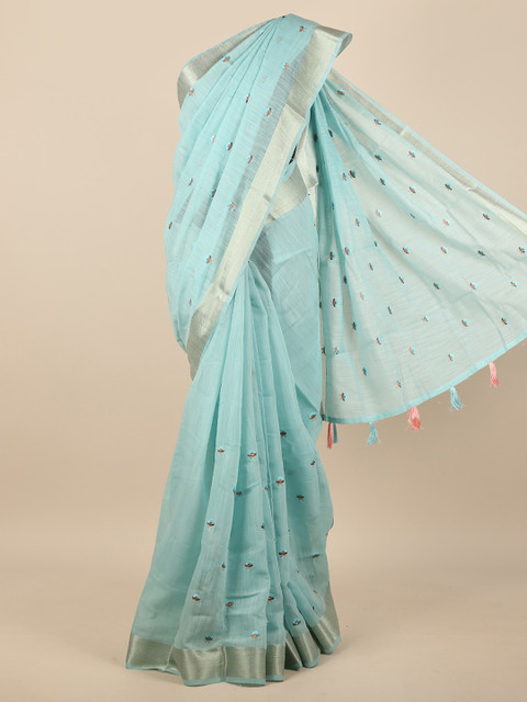 

Pothys Turquoise Blue & Silver-Toned Floral Embroidered Zari Saree