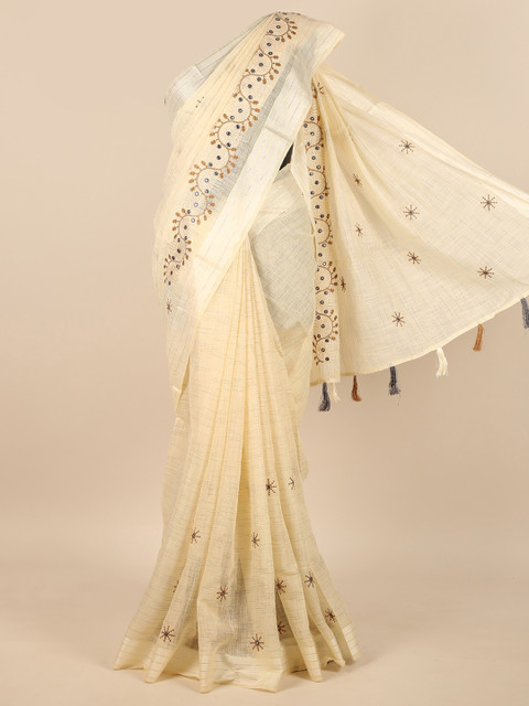 

Pothys Cream-Coloured Floral Embroidered Zari Saree