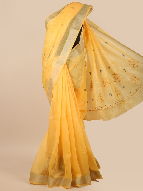 

Pothys Yellow & Gold-Toned Floral Embroidered Zari Saree