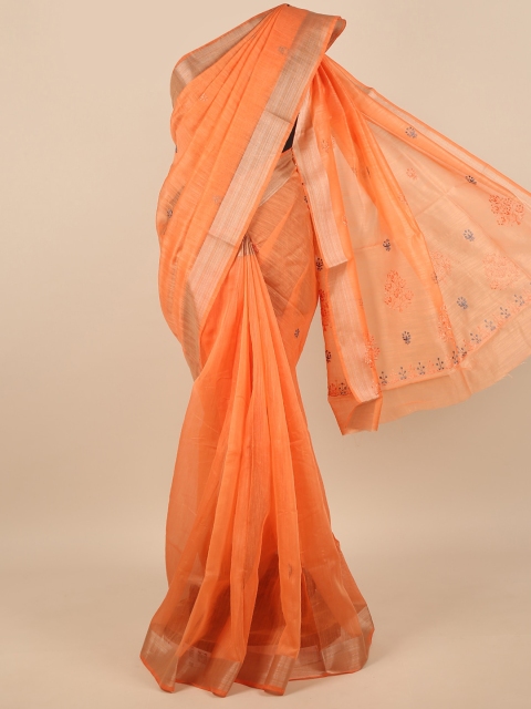 

Pothys Orange & Silver-Toned Floral Embroidered Zari Saree