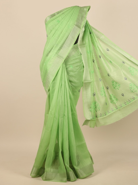 

Pothys Green & Silver-Toned Floral Embroidered Zari Saree