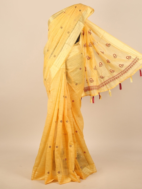 

Pothys Yellow & Gold-Toned Floral Embroidered Zari Saree