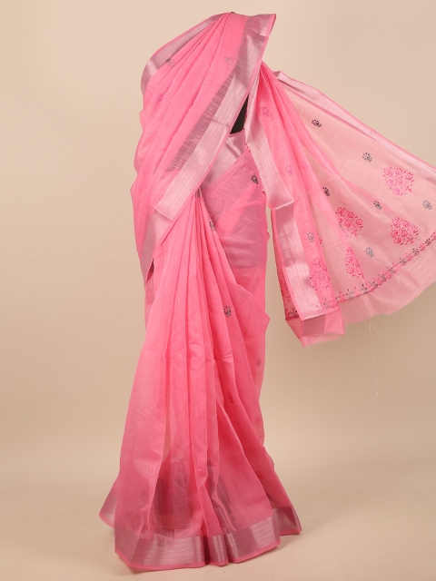 

Pothys Pink & Silver-Toned Floral Embroidered Zari Saree
