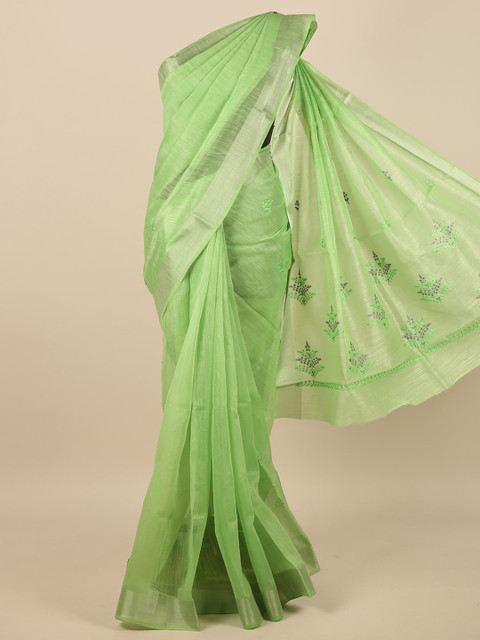 

Pothys Green & Silver-Toned Floral Embroidered Zari Saree