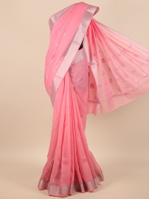 

Pothys Pink & Silver-Toned Floral Embroidered Zari Saree