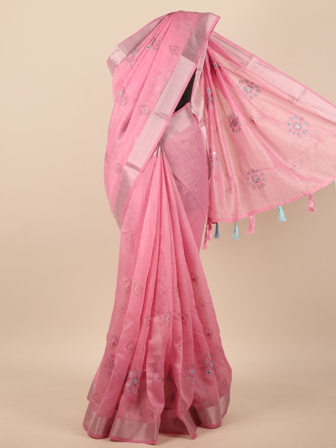 

Pothys Pink & Silver-Toned Ethnic Motifs Mirror Work Saree