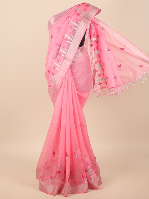 

Pothys Pink & Silver-Toned Ethnic Motifs Embroidered Saree