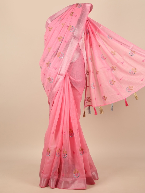 

Pothys Pink & Blue Ethnic Motifs Mirror Work Saree