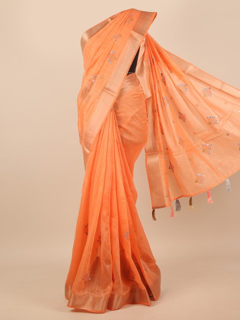 

Pothys Orange & Gold-Toned Ethnic Motifs Mirror Work Saree