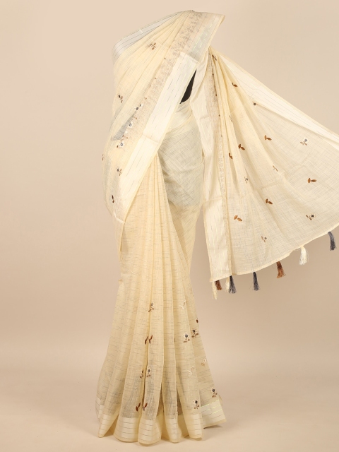 

Pothys Cream-Coloured & Silver-Toned Ethnic Motifs Embroidered Saree