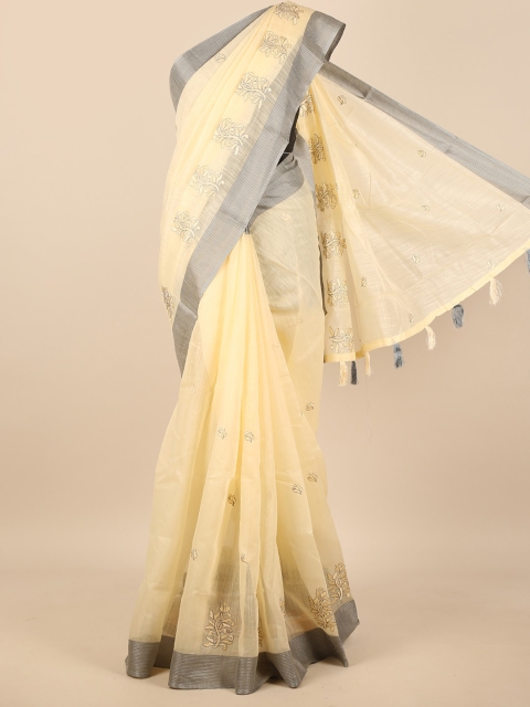 

Pothys Cream-Coloured & Grey Embellished Embroidered Saree