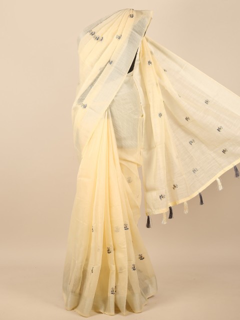 

Pothys Cream-Coloured & Silver-Toned Ethnic Motifs Zari Saree