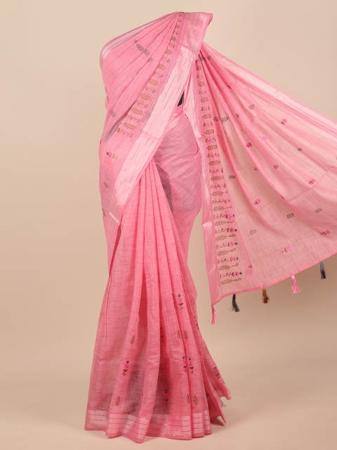 

Pothys Pink & Silver-Toned Ethnic Motifs Mirror Work Saree