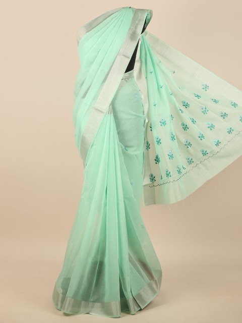 

Pothys Green & Silver-Toned Ethnic Motifs Embroidered Saree