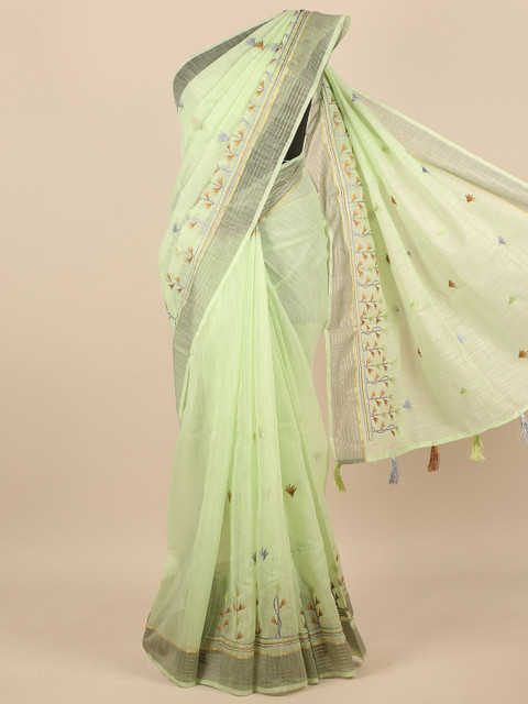 

Pothys Green & Brown Ethnic Motifs Embroidered Saree