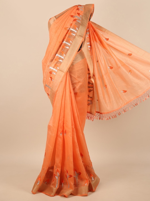 

Pothys Orange & Silver-Toned Embellished Embroidered Saree