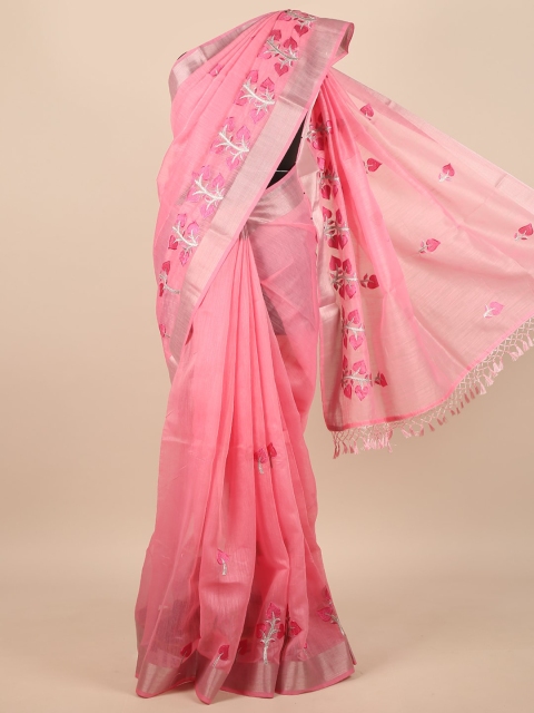 

Pothys Pink & Silver-Toned Embellished Embroidered Saree