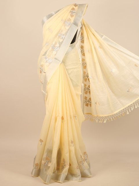 

Pothys Cream-Coloured & Silver-Toned Embellished Embroidered Saree