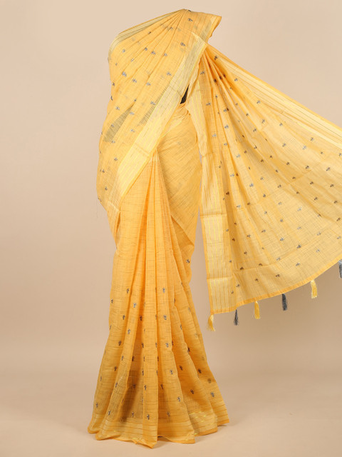 

Pothys Yellow & Silver-Toned Ethnic Motifs Embroidered Saree