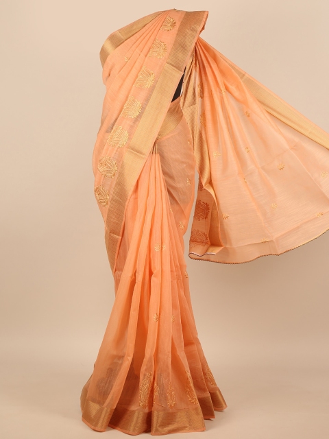 

Pothys Peach-Coloured & Gold-Toned Ethnic Motifs Embroidered Saree