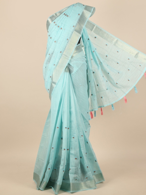 

Pothys Blue & Silver-Toned Ethnic Motifs Embroidered Saree