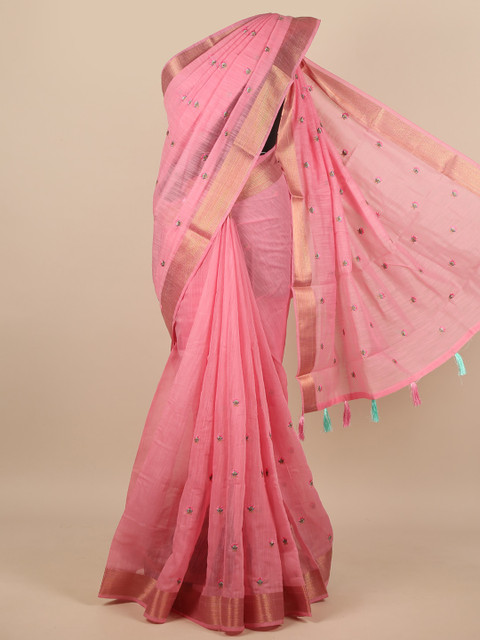 

Pothys Pink & Gold-Toned Ethnic Motifs Embroidered Saree