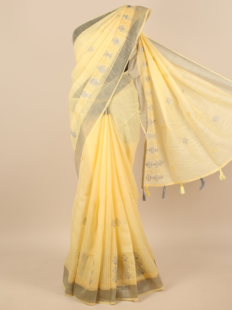 

Pothys Yellow & Grey Embellished Embroidered Saree