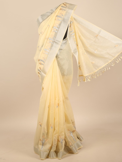 

Pothys Cream-Coloured & Silver-Toned Embellished Embroidered Saree