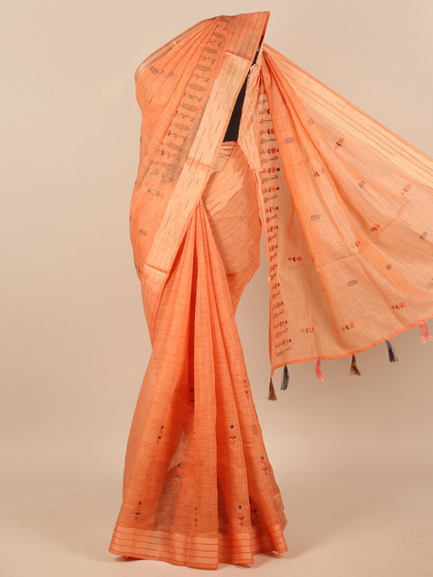 

Pothys Orange & Grey Embellished Embroidered Saree
