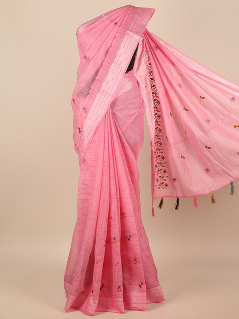 

Pothys Pink & Silver-Toned Ethnic Motifs Zari Saree