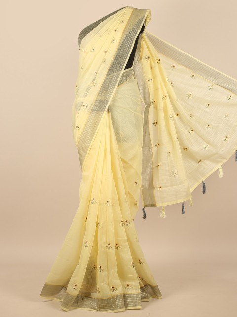 

Pothys Yellow & Grey Ethnic Motifs Embroidered Saree