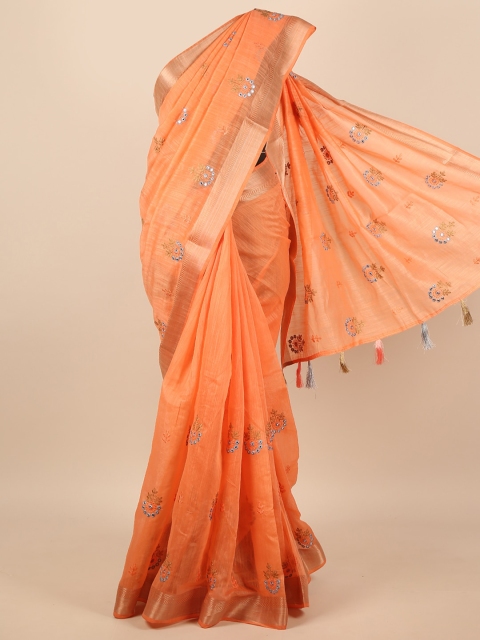 

Pothys Orange & Gold-Toned Ethnic Motifs Mirror Work Saree